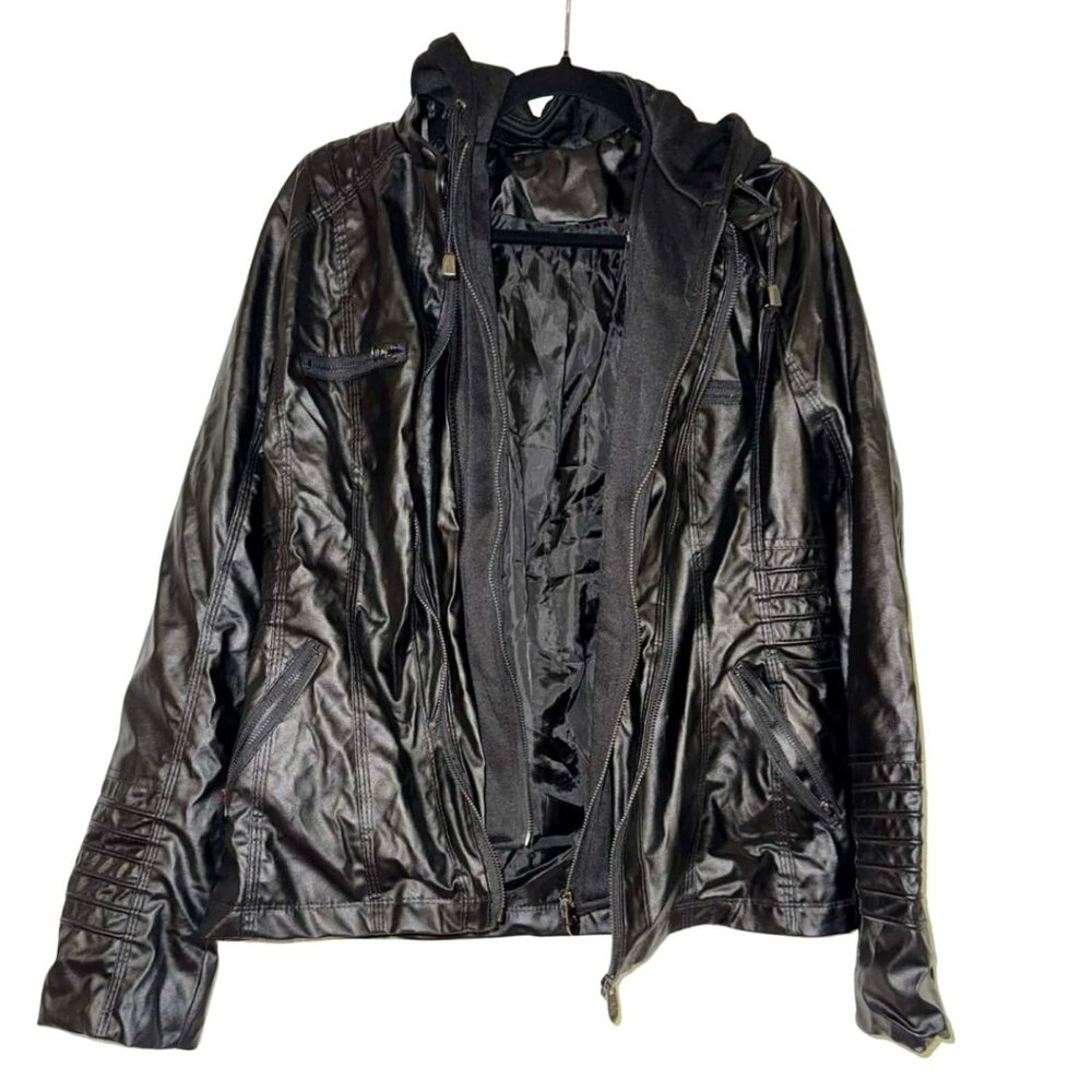 🔴 Faux Leather Jacket with Hood and Removable Lining Accent